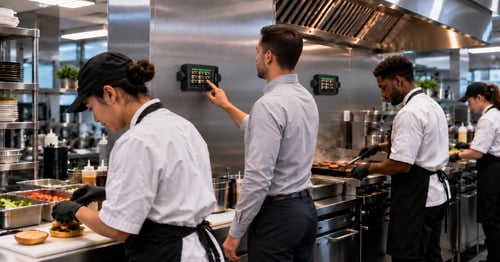 Restaurant manager using the TT-700 kitchen management solution while kitchen staff prepare food in a modern commercial kitchen.