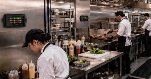 Kitchen Brains TT-700 WiFi touchscreen commercial kitchen timers at prep and grill stations, showing picture-based recipe screens as cooks work the line.